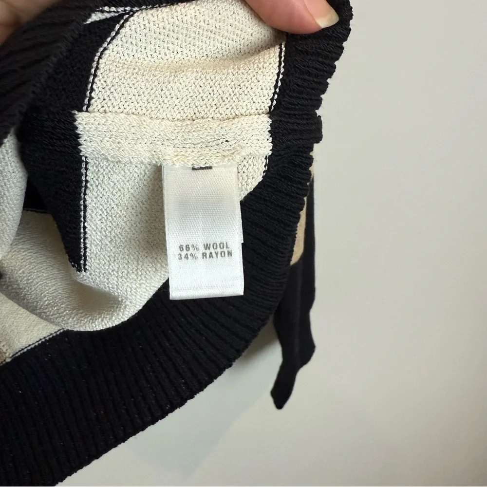 St. John Wool Blend Color Block Tan White Black Zip Up Mockneck Cardigan Sz S